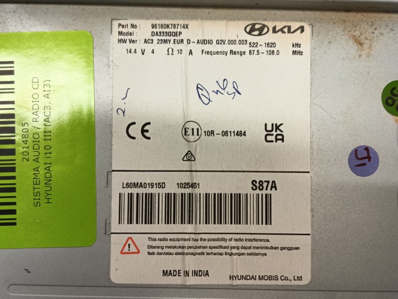 Recambio de sistema audio / radio cd para hyundai i10 iii (ac3, ai3) 1.0 mpi referencia OEM IAM   