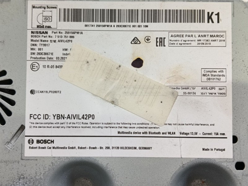 Recambio de sistema audio / radio cd para nissan juke (f16_) 1.0 referencia OEM IAM 259156PM1A  