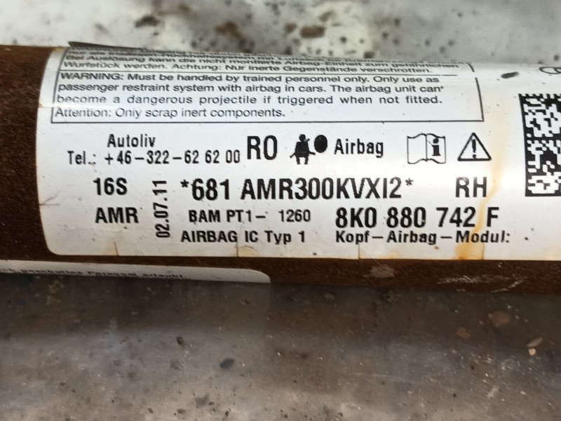Recambio de airbag cortina delantero derecho para audi a4 b8 (8k2) 2.0 tfsi referencia OEM IAM 8K0880742F 681AMR300KVX12 