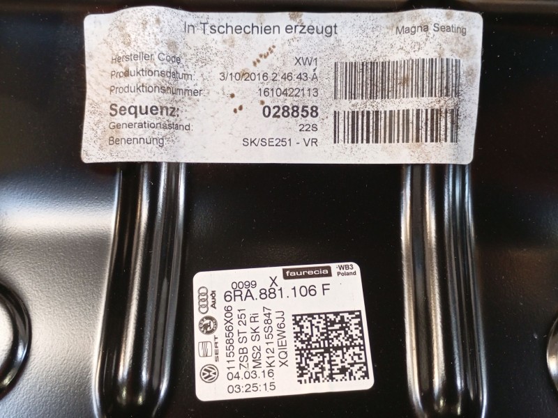 Recambio de asiento delantero derecho para skoda rapid spaceback (nh1) 1.6 tdi referencia OEM IAM   