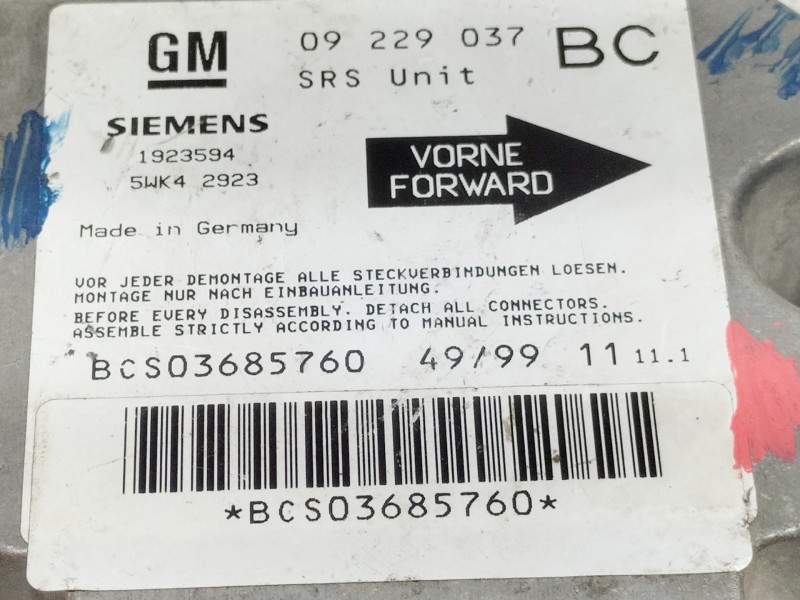 Recambio de centralita airbag para opel astra g berlina sport referencia OEM IAM 09229037BC 1923594 