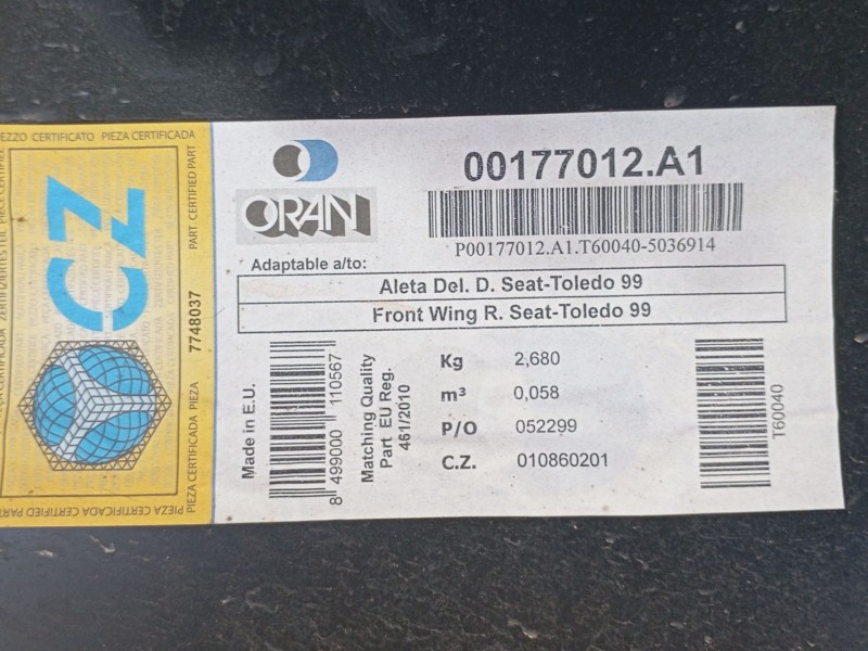 Recambio de aleta delantera derecha para seat leon (1m1) 1.6 16 v referencia OEM IAM 1M0821022 00177012A1 