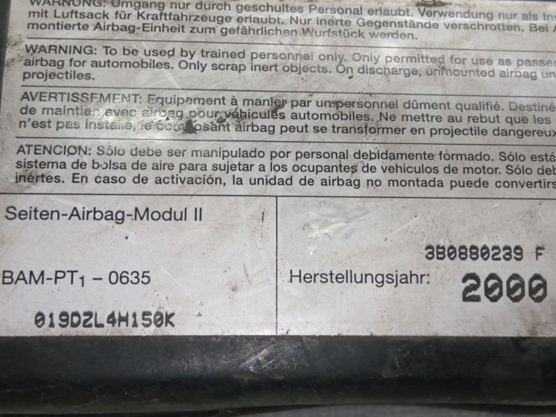 Recambio de airbag lateral delantero derecho para volkswagen passat berlina (3b2) 1.8 referencia OEM IAM 019DZL4H150K  
