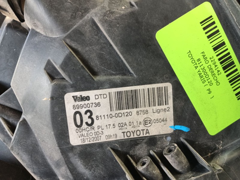 Recambio de faro derecho para toyota yaris (_p9_) 1.3 vvt-i (scp90_) referencia OEM IAM 811300D120  