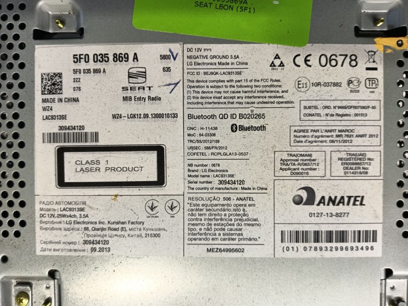Recambio de sistema audio / radio cd para seat leon (5f1) 1.6 tdi referencia OEM IAM 5F0035869A2ZZ  