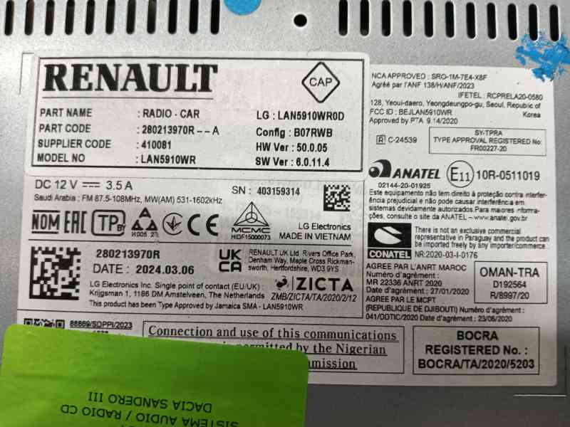 Recambio de sistema audio / radio cd para dacia sandero iii 1.0 tce 90 referencia OEM IAM   