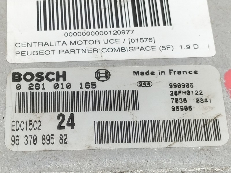 Recambio de centralita motor uce para peugeot partner (s1) referencia OEM IAM 0281010165 9637089580 EDC15C2 / 28FM0122
