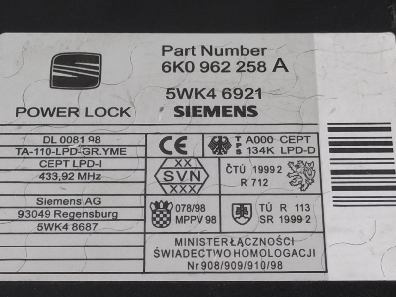 Recambio de centralita cierre para seat ibiza (6k1) stella referencia OEM IAM 6K0962258A  