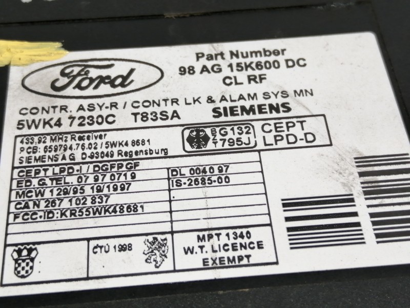 Recambio de centralita cierre para ford focus berlina (cak) ambiente referencia OEM IAM 98AG15K600DC 5WK47230C 