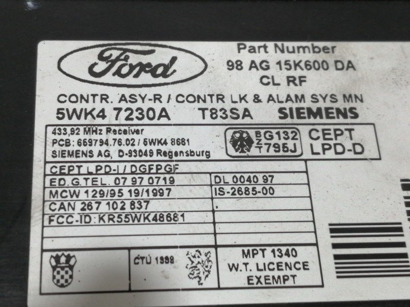 Recambio de centralita cierre para ford focus berlina (cak) trend referencia OEM IAM 98AG15K600DA 98AG15K600DA 