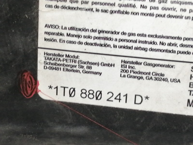 Recambio de airbag lateral izquierdo para volkswagen touran (1t1) 1.9 tdi referencia OEM IAM 1T0880241D 1K0505315BA 