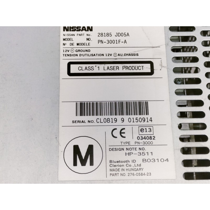 Recambio de sistema audio / radio cd para nissan qashqai+2 (jj10) acenta referencia OEM IAM 28185JD05A PN3001FA 