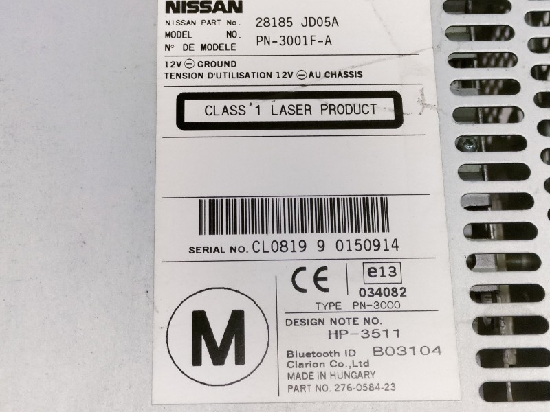 Recambio de sistema audio / radio cd para nissan qashqai+2 (jj10) acenta referencia OEM IAM 28185JD05A PN3001FA 