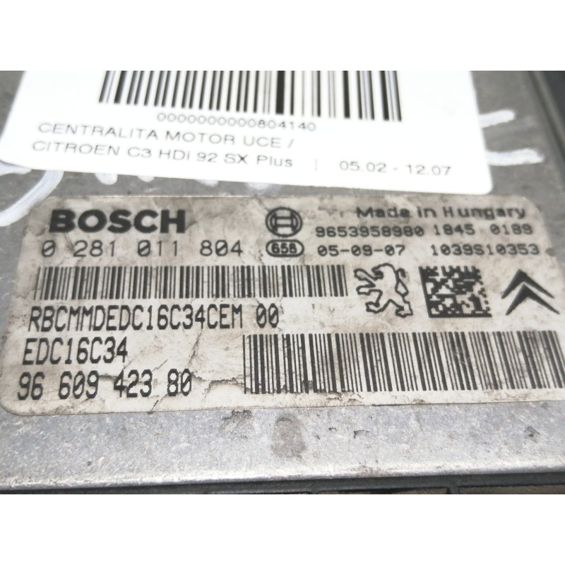 Recambio de centralita motor uce para citroën c3 hdi 92 sx plus referencia OEM IAM 0281011804  
