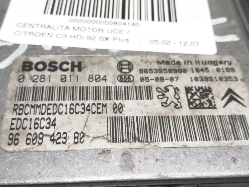 Recambio de centralita motor uce para citroën c3 hdi 92 sx plus referencia OEM IAM 0281011804  