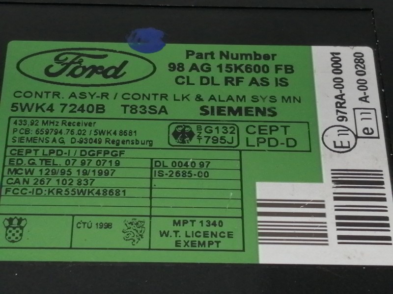 Recambio de centralita check control para ford mondeo berlina (gd) clx referencia OEM IAM 98AG15K600FB  