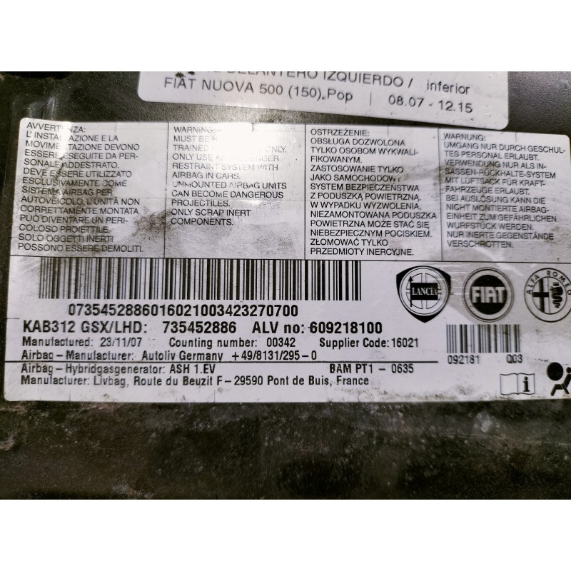 Recambio de airbag delantero izquierdo para fiat nuova 500 (150) pop referencia OEM IAM 735452886 609218100 