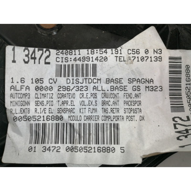 Recambio de elevalunas trasero derecho para alfa romeo giulietta (191) distinctive referencia OEM IAM 00505216880  