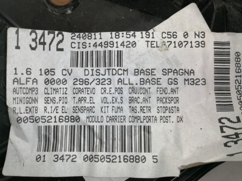 Recambio de elevalunas trasero derecho para alfa romeo giulietta (191) distinctive referencia OEM IAM 00505216880  