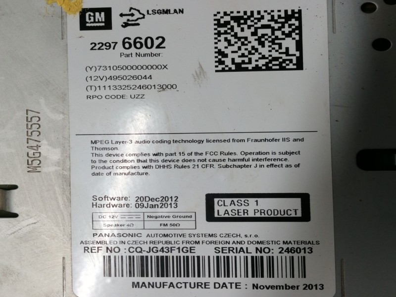 Recambio de sistema audio / radio cd para opel astra j lim. excellence referencia OEM IAM 22976602 CQJG43F1GE 