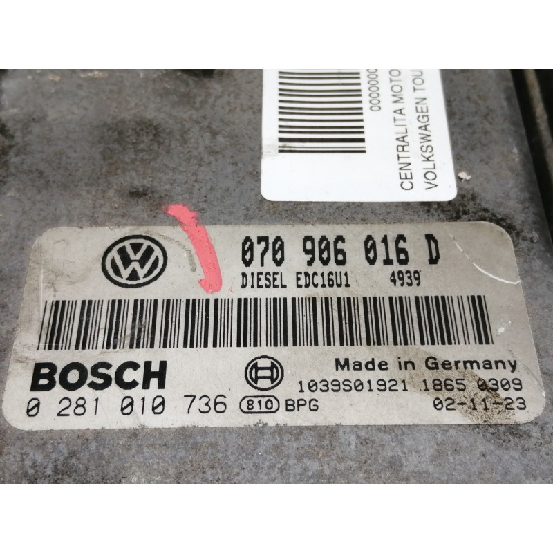 Recambio de centralita motor uce para volkswagen touareg (7la) tdi v10 referencia OEM IAM 070906016D 0281010736 / EDC16U1 1039S0