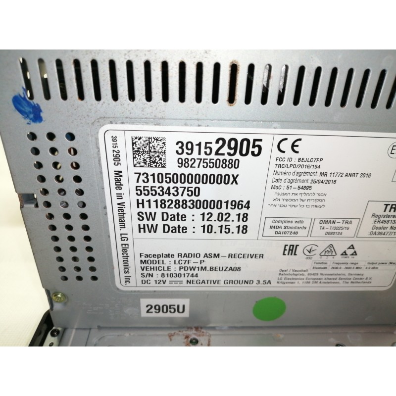 Recambio de sistema audio / radio cd para opel crossland x edition referencia OEM IAM 39152905 9827550880 / 555343750 7310500000