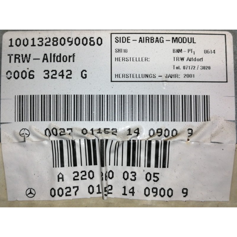 Recambio de airbag lateral delantero izquierdo para mercedes-benz clase s (w220) berlina 55 amg (220.073) referencia OEM IAM A22