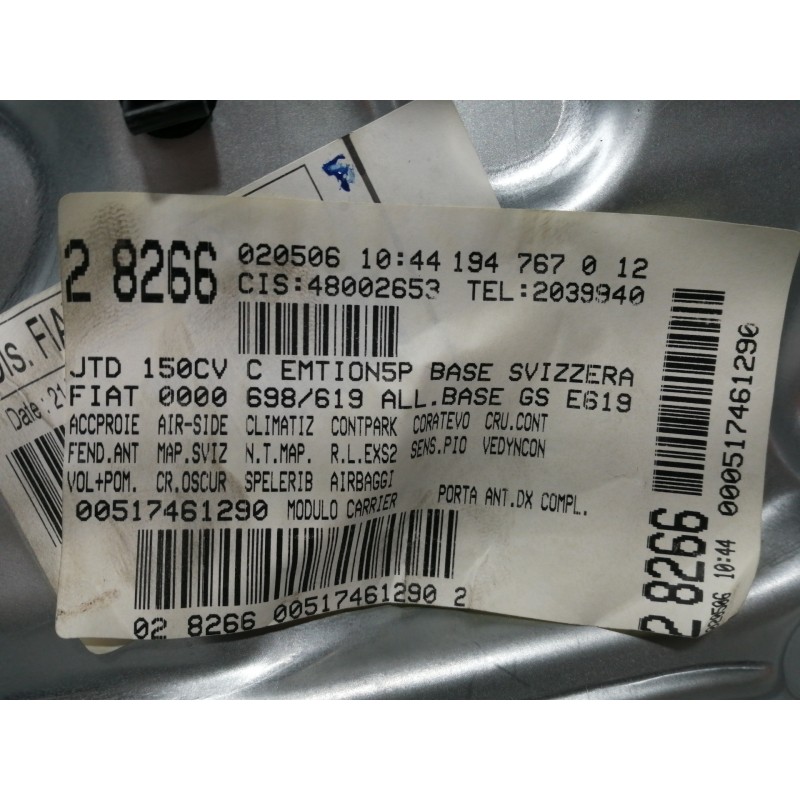 Recambio de elevalunas delantero derecho para fiat croma (194) 1.9 jtd 16v cat referencia OEM IAM 00517461290  