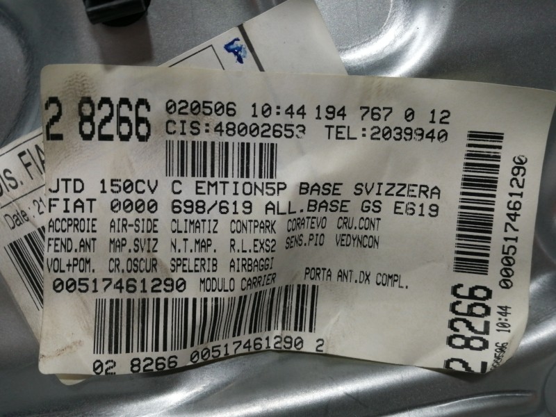 Recambio de elevalunas delantero derecho para fiat croma (194) 1.9 jtd 16v cat referencia OEM IAM 00517461290  