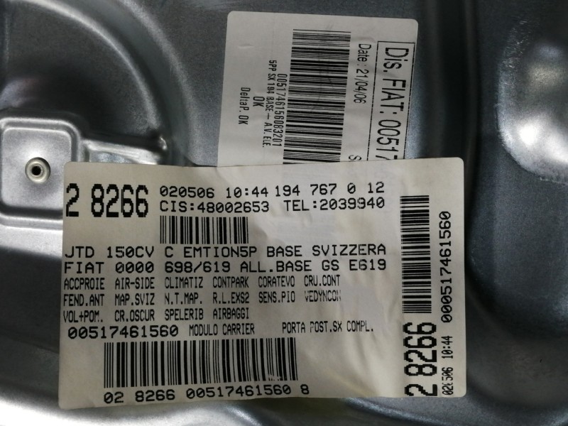 Recambio de elevalunas trasero izquierdo para fiat croma (194) 1.9 jtd 16v cat referencia OEM IAM 5000469 71005003 / 1060175 005