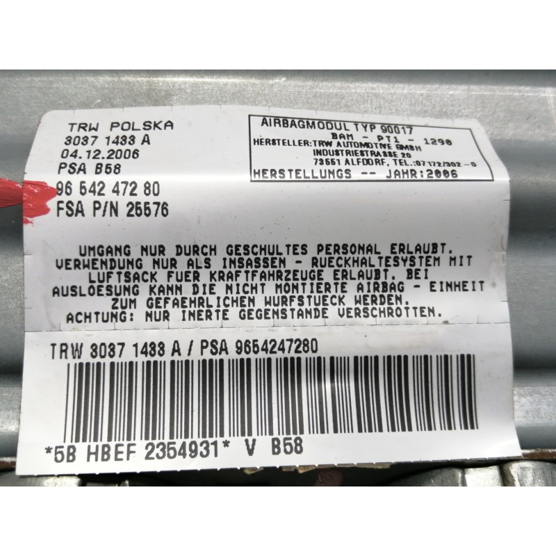 Recambio de airbag delantero derecho para citroën c4 grand picasso sx referencia OEM IAM 9654247280  