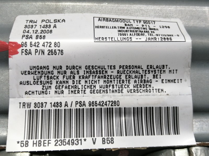 Recambio de airbag delantero derecho para citroën c4 grand picasso sx referencia OEM IAM 9654247280  