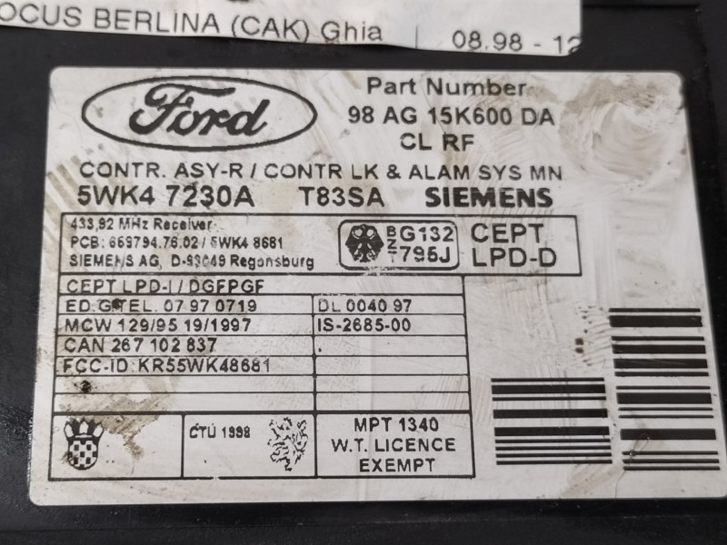 Recambio de centralita abs para ford focus berlina (cak) ghia referencia OEM IAM 98AG15K600DA  