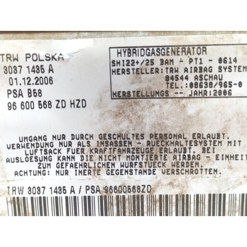 Recambio de airbag delantero derecho para citroën c4 grand picasso sx referencia OEM IAM 96600568ZD  