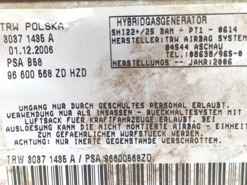 Recambio de airbag delantero derecho para citroën c4 grand picasso sx referencia OEM IAM 96600568ZD  