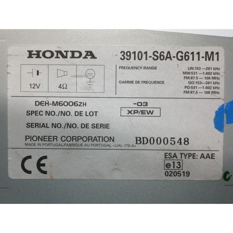Recambio de sistema audio / radio cd para honda civic berlina 5 (eu7/8) 1.7 ctdi es referencia OEM IAM 39101S6AG611M1 DEHM6006ZH