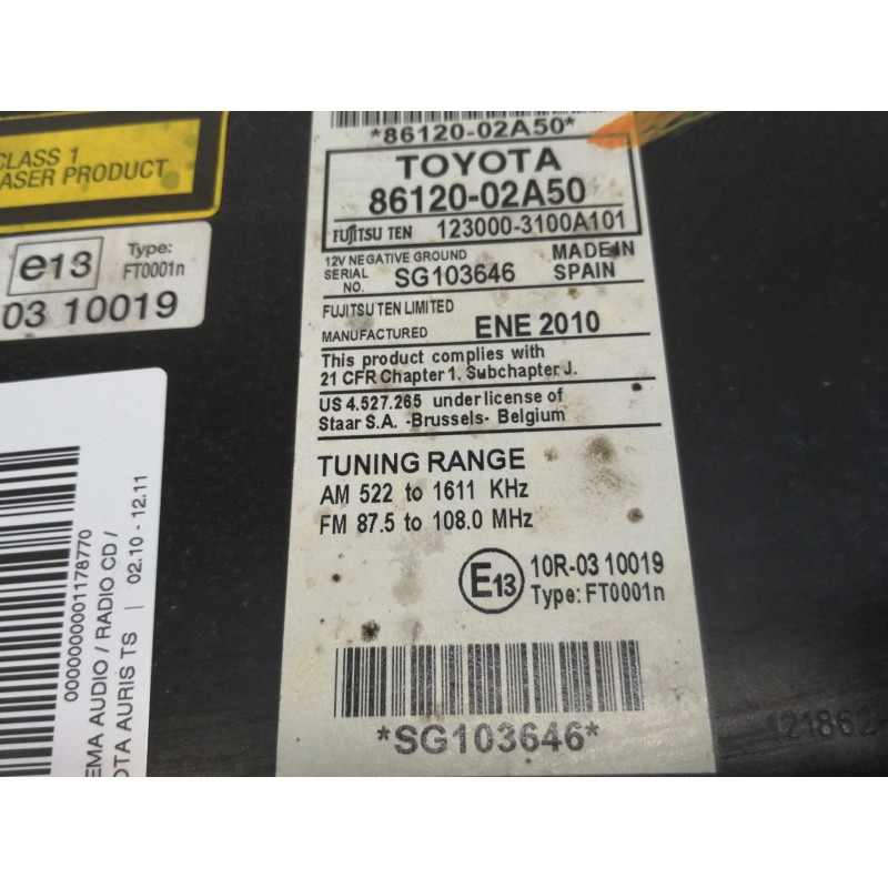 Recambio de sistema audio / radio cd para toyota auris ts referencia OEM IAM 8612002A50  