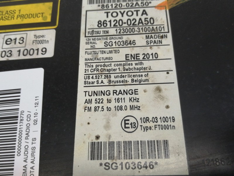 Recambio de sistema audio / radio cd para toyota auris ts referencia OEM IAM 8612002A50  