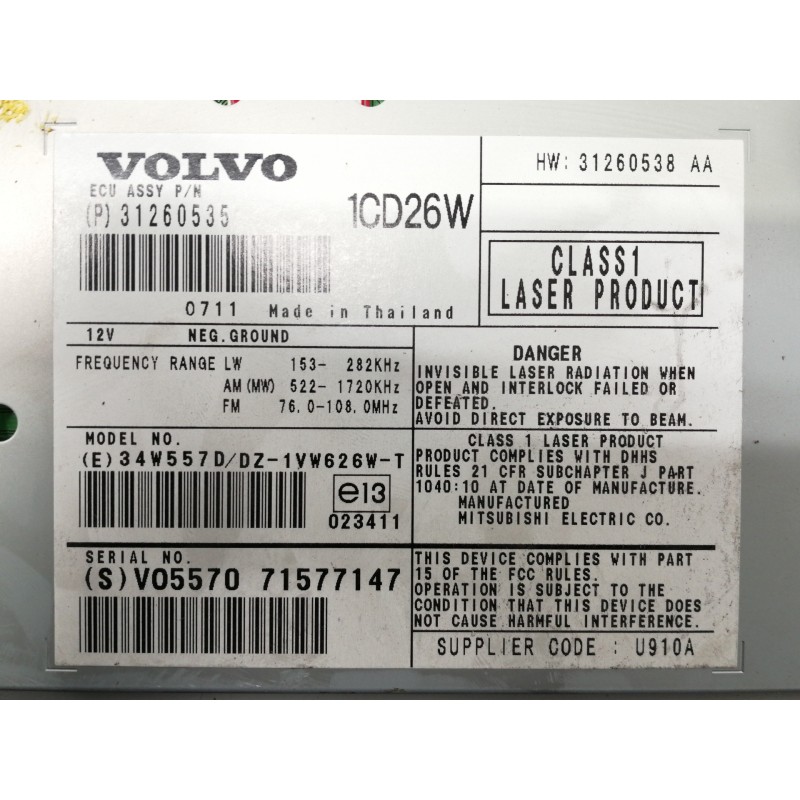 Recambio de sistema audio / radio cd para volvo xc90 d5 kinetic (5 asientos) (136kw) referencia OEM IAM 31260538AA E34W557DDZ1VW