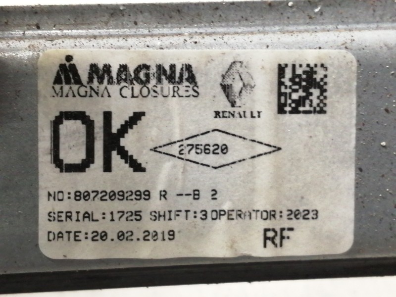 Recambio de elevalunas delantero derecho para dacia sandero stepway referencia OEM IAM 807209299R  ELECTRICO