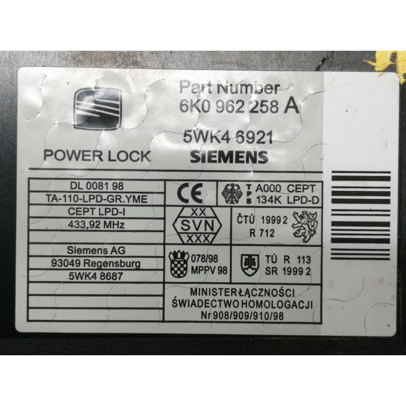 Recambio de centralita cierre para seat ibiza (6k1) select referencia OEM IAM 6K0962258A 5WK46921 DL008198 5WK48687 