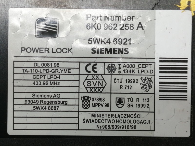Recambio de centralita cierre para seat ibiza (6k1) select referencia OEM IAM 6K0962258A 5WK46921 DL008198 5WK48687 