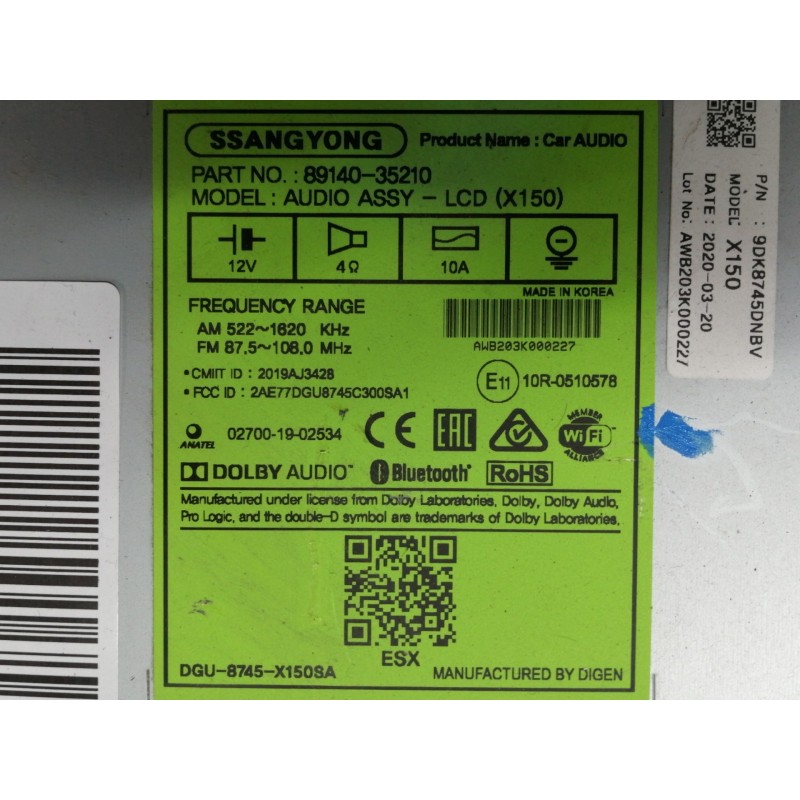 Recambio de pantalla multifuncion para ssangyong tivoli limited 4x2 referencia OEM IAM 8914035210 9DK8745DNBV / X150 AWB203K0002