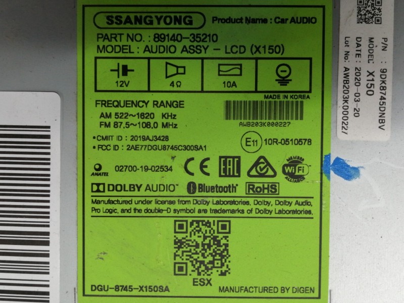 Recambio de pantalla multifuncion para ssangyong tivoli limited 4x2 referencia OEM IAM 8914035210 9DK8745DNBV / X150 AWB203K0002