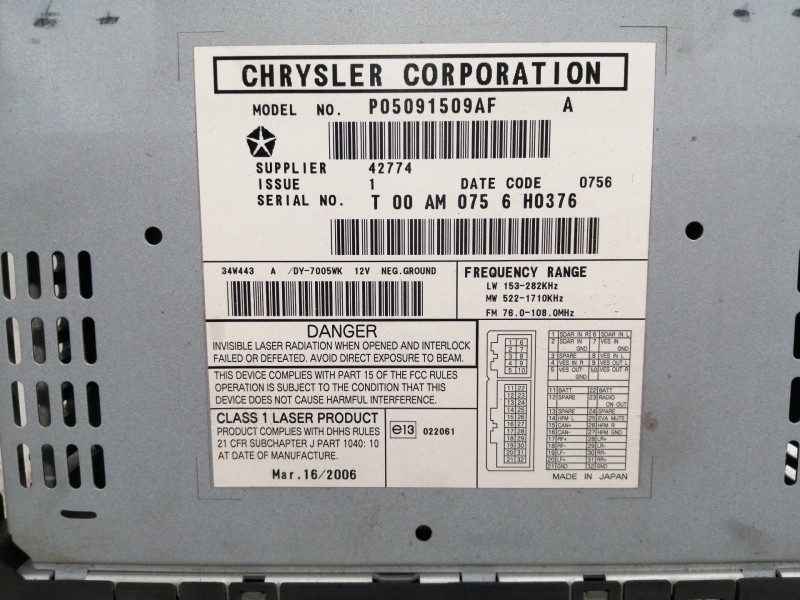 Recambio de sistema audio / radio cd para dodge caliber s referencia OEM IAM P05091509AF  