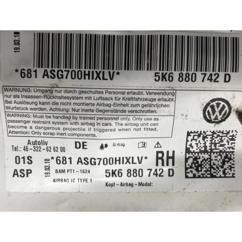 Recambio de airbag cortina delantero derecho para volkswagen golf vi (5k1) advance referencia OEM IAM 5K6880742D 681ASG700HIXLV 