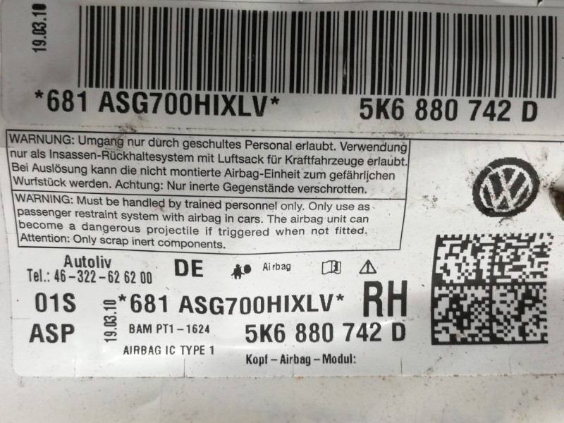 Recambio de airbag cortina delantero derecho para volkswagen golf vi (5k1) advance referencia OEM IAM 5K6880742D 681ASG700HIXLV 