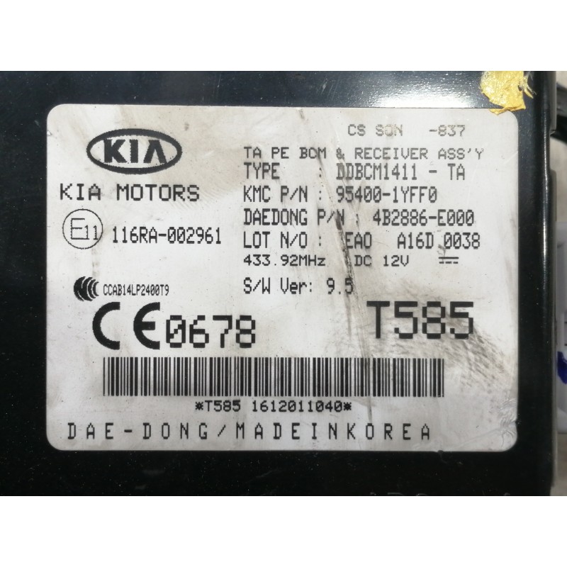 Recambio de modulo electronico para kia picanto (ja) 1.0 cat referencia OEM IAM 954001YFF0 4B2886E000 DDBCM1411TA 