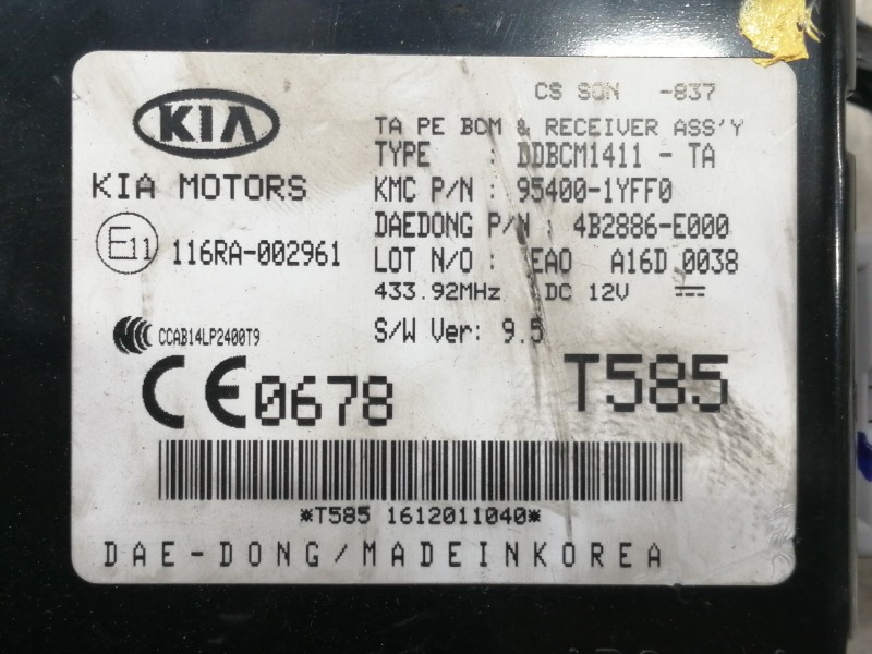 Recambio de modulo electronico para kia picanto (ja) 1.0 cat referencia OEM IAM 954001YFF0 4B2886E000 DDBCM1411TA 