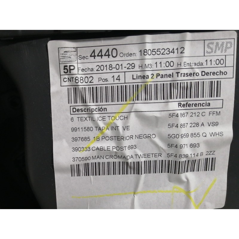 Recambio de guarnecido puerta trasera derecha para seat leon (5f1) 1.2 tsi referencia OEM IAM  5F4867212C FFM 